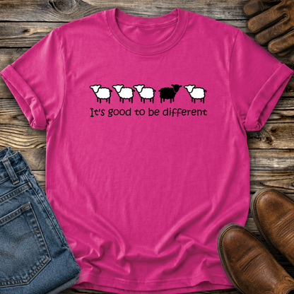 hot pink tshirt with black sheep that says its good to be different