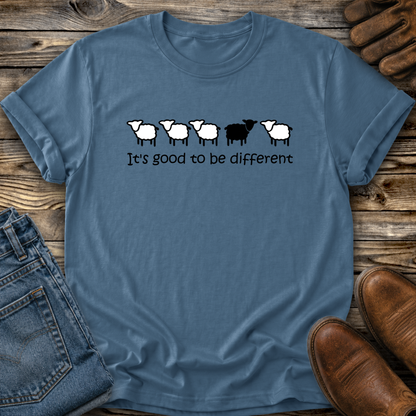 blue tshirt with black sheep that says its good to be different