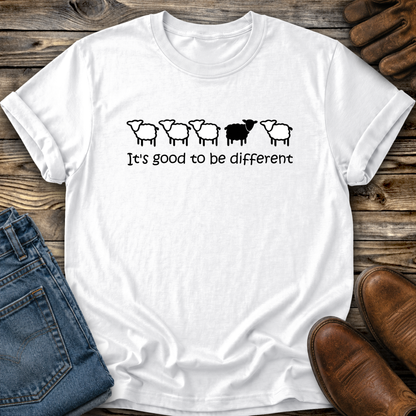 white tshirt with black sheep that says its good to be different