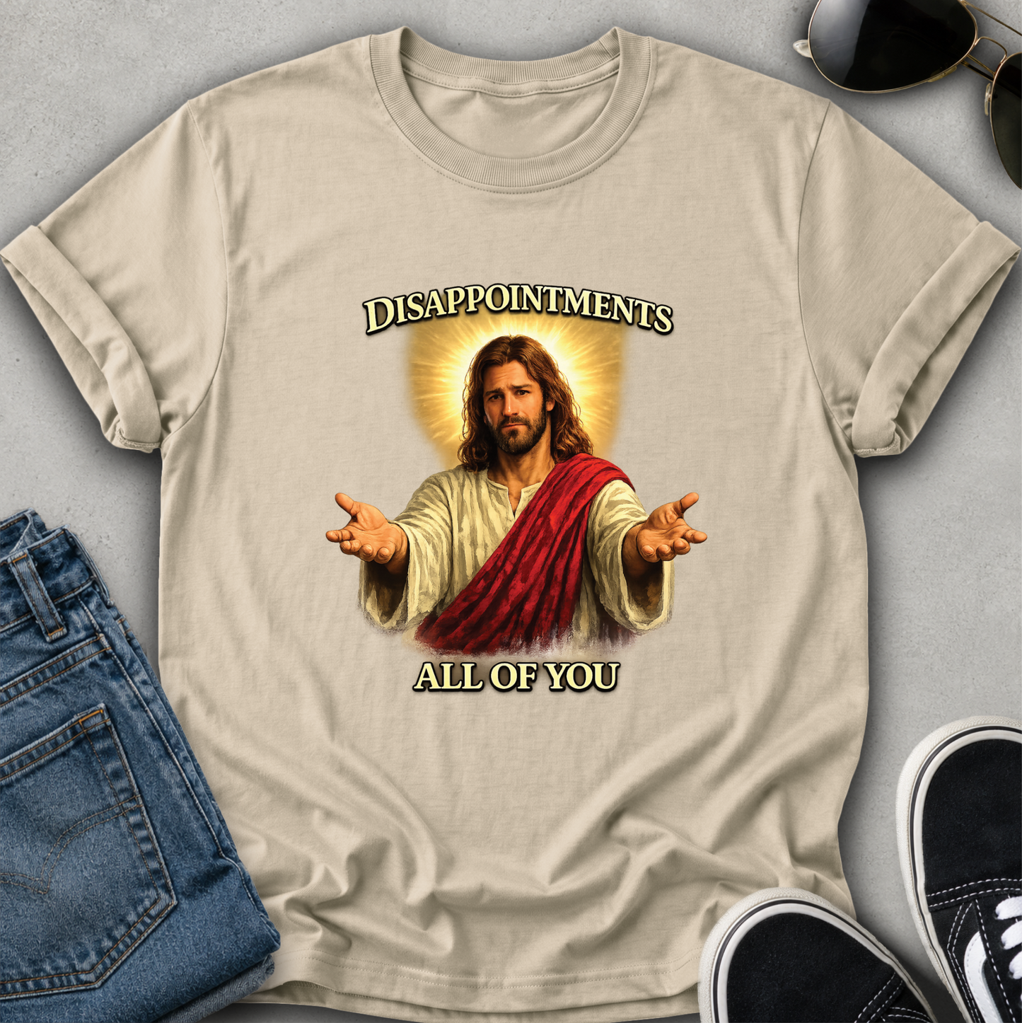 beige tshirt with funny jesus graphic that says disappointments all of you