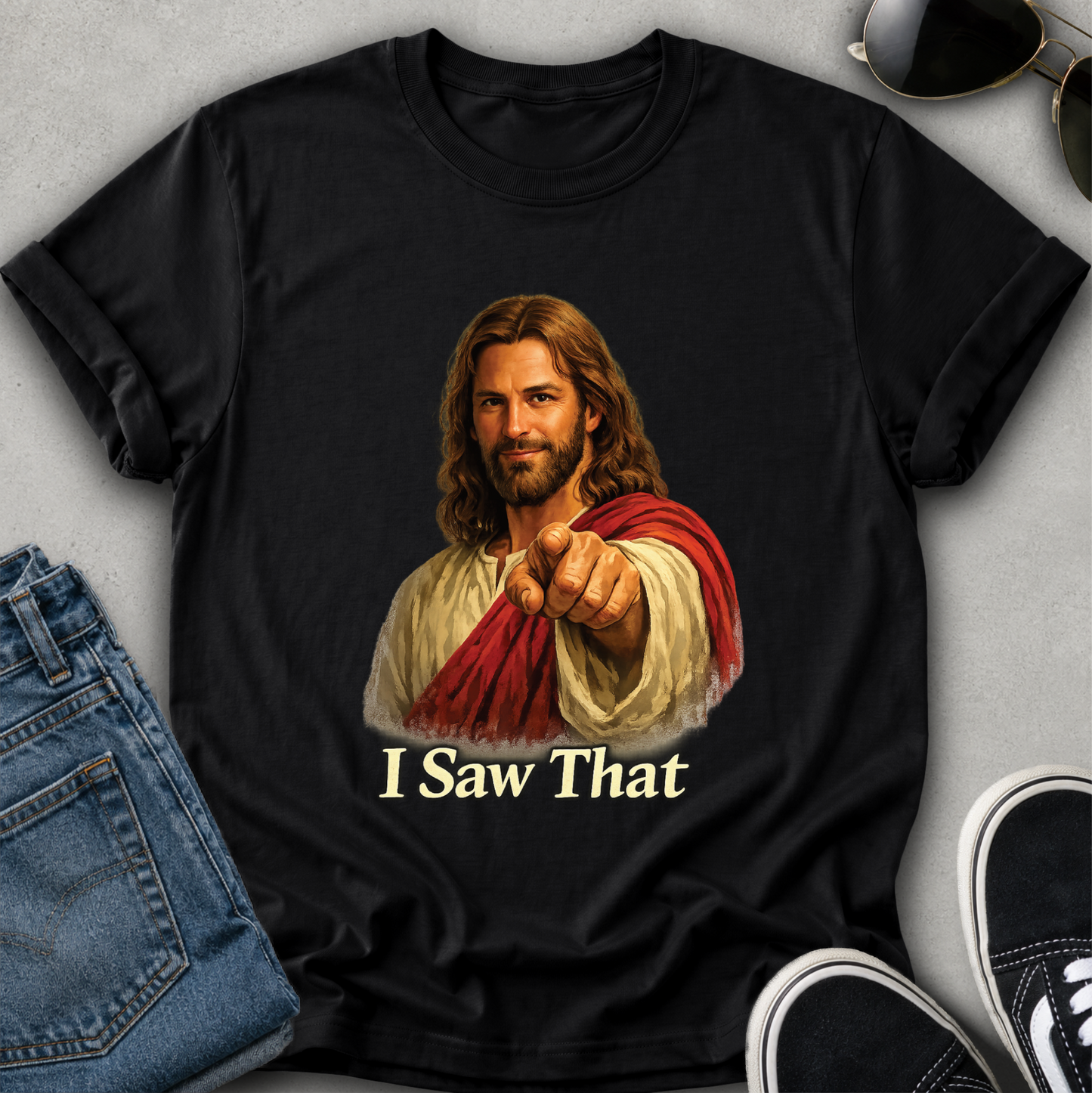 jesus on a black tshirt pointing