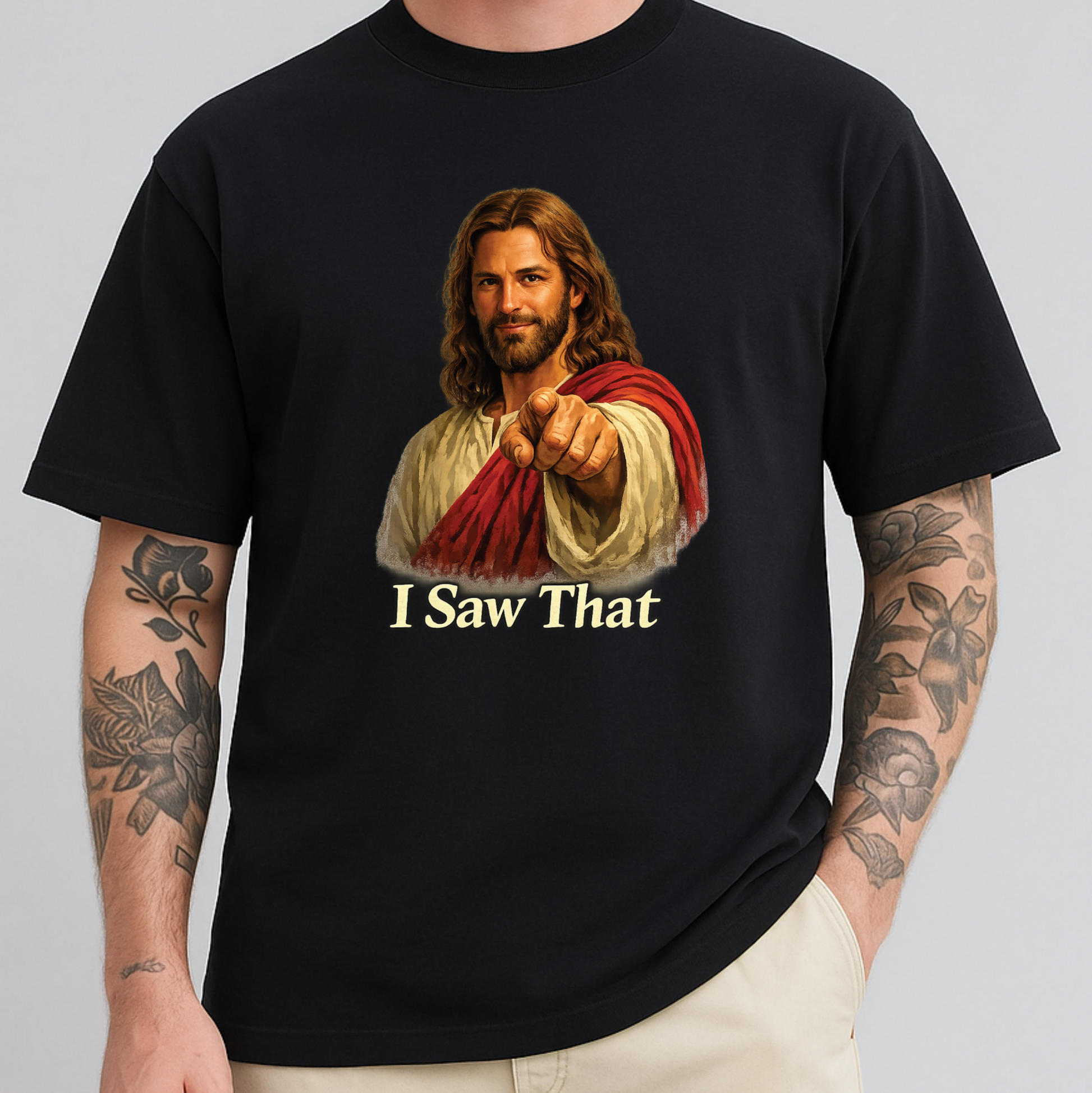 jesus on a black tshirt pointing