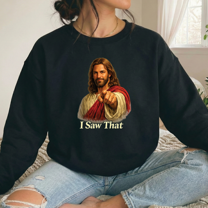 jesus on a black sweatshirt pointing