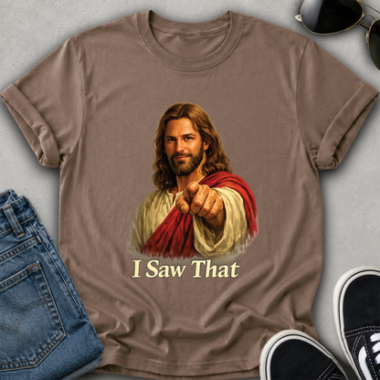 jesus on a brown tshirt pointing