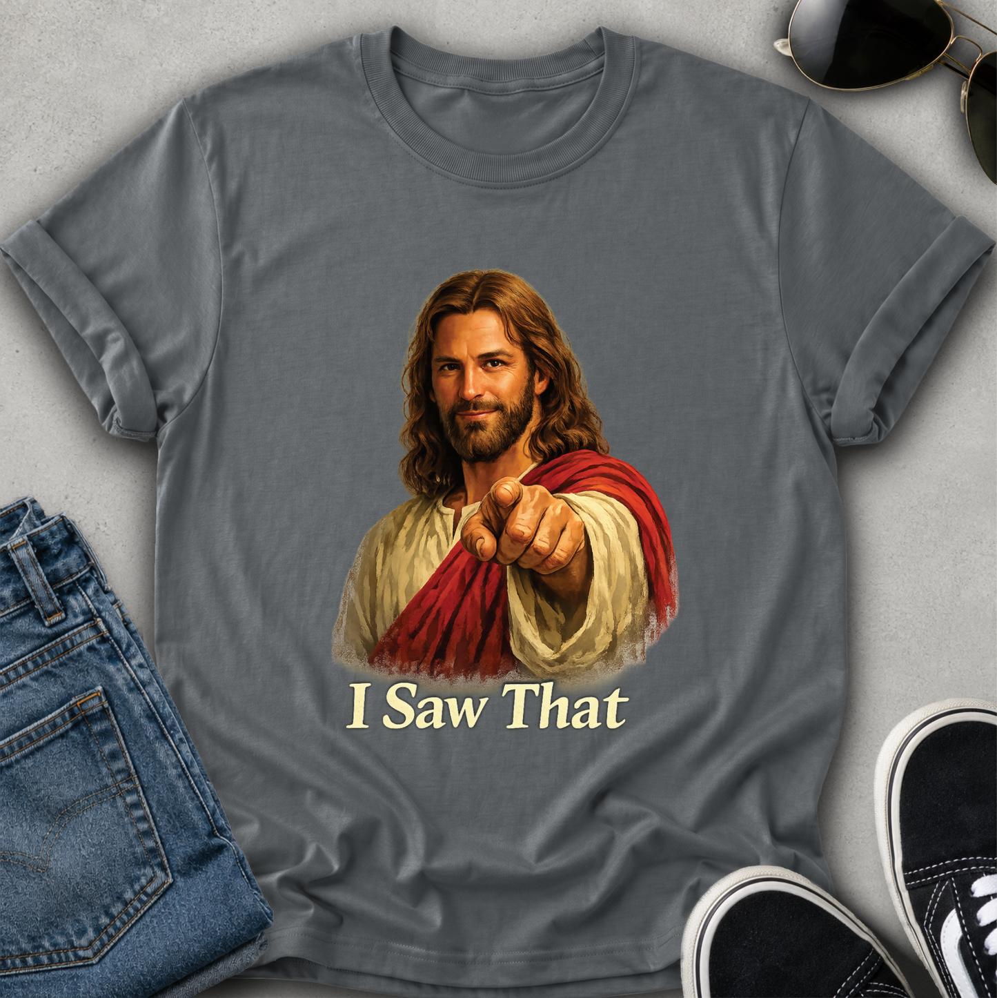 jesus on a gray tshirt pointing