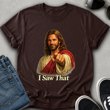 jesus on a brown tshirt pointing
