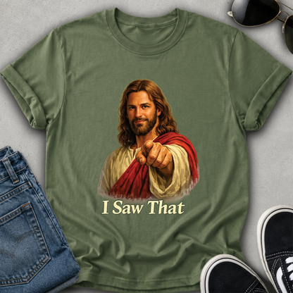 jesus on a green tshirt pointing