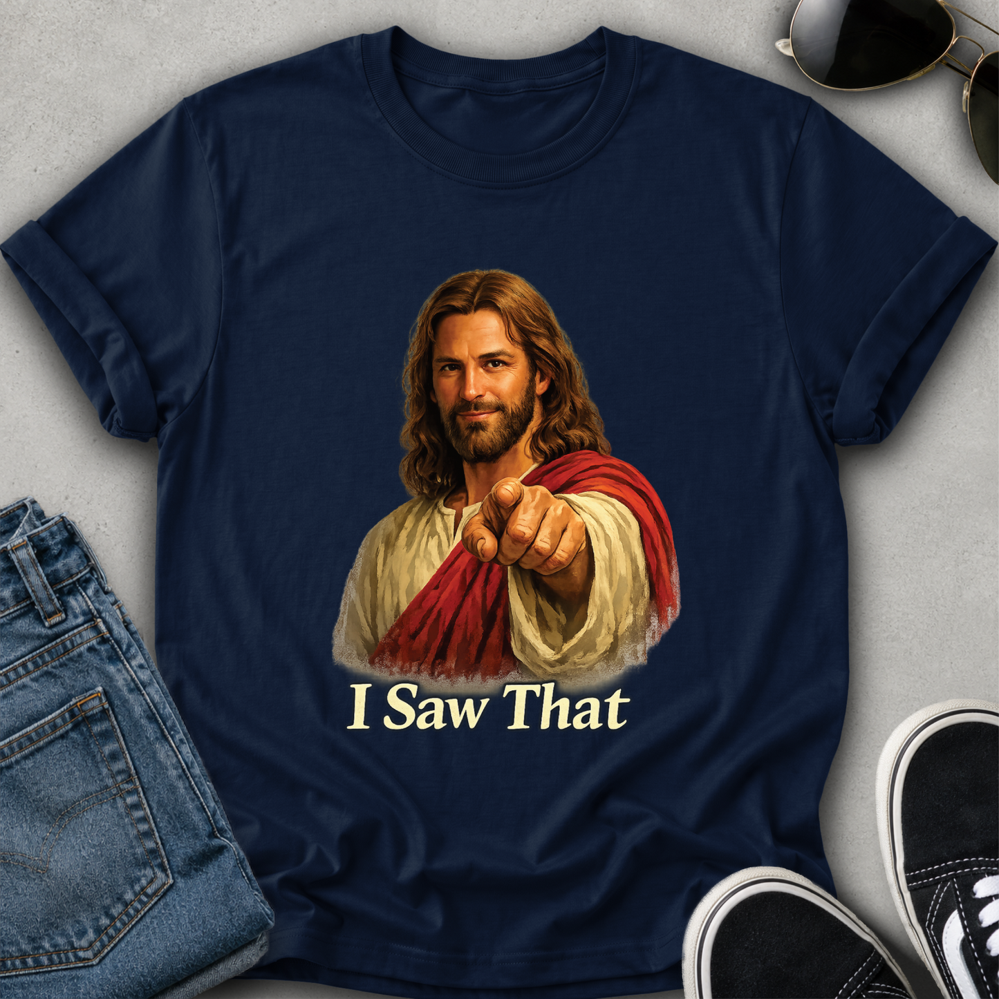 jesus on a navy blue tshirt pointing
