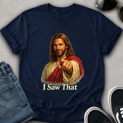 jesus on a navy blue tshirt pointing
