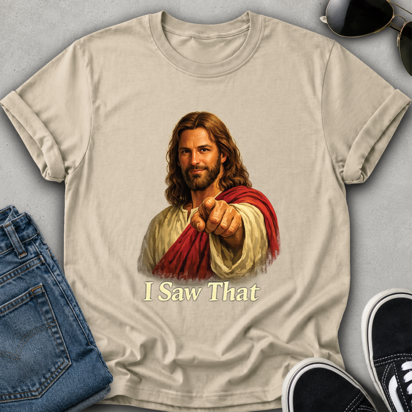 jesus on a beige tshirt pointing