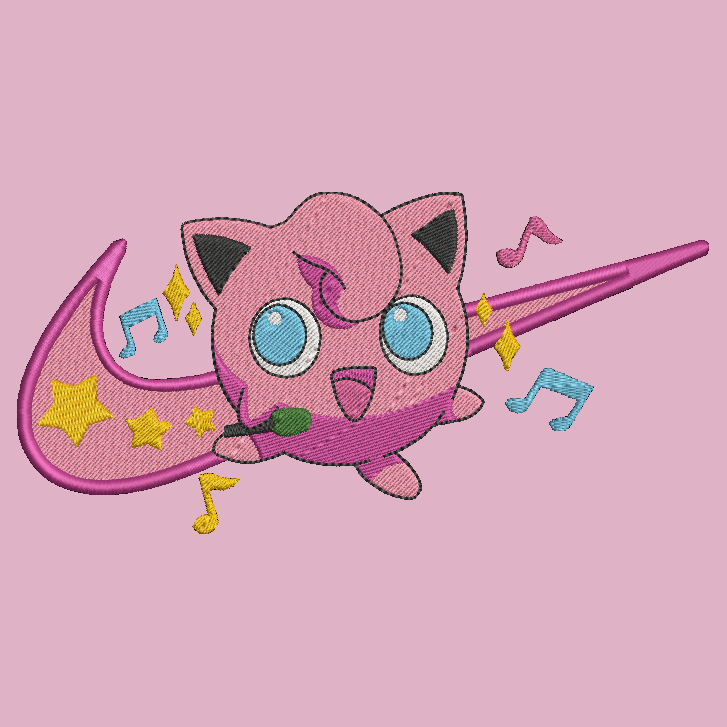 embroidered design of pokemon jigglypuff character on a pink background