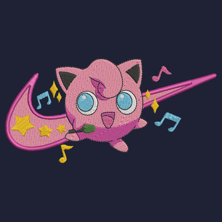 embroidered design of pokemon jigglypuff character on a navy background