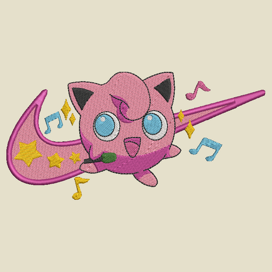 embroidered design of pokemon jigglypuff character on a beige background
