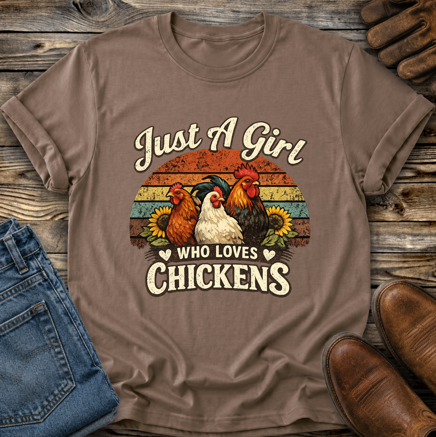 brown tshirt with a retro sunset and chickens with sunflowers that says just a girl who loves chickens