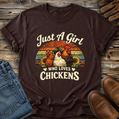 brown tshirt with a retro sunset and chickens with sunflowers that says just a girl who loves chickens