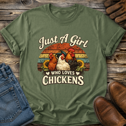 green tshirt with a retro sunset and chickens with sunflowers that says just a girl who loves chickens