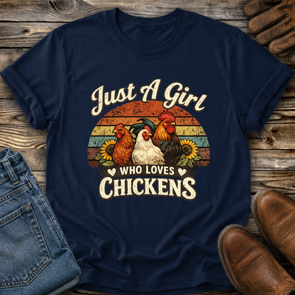 navy tshirt with a retro sunset and chickens with sunflowers that says just a girl who loves chickens