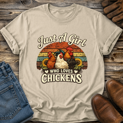 sand tshirt with a retro sunset and chickens with sunflowers that says just a girl who loves chickens