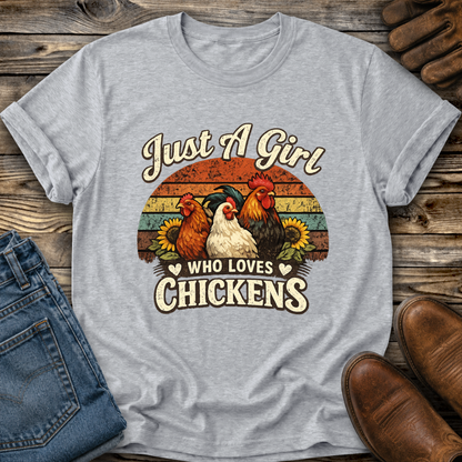gray tshirt with a retro sunset and chickens with sunflowers that says just a girl who loves chickens