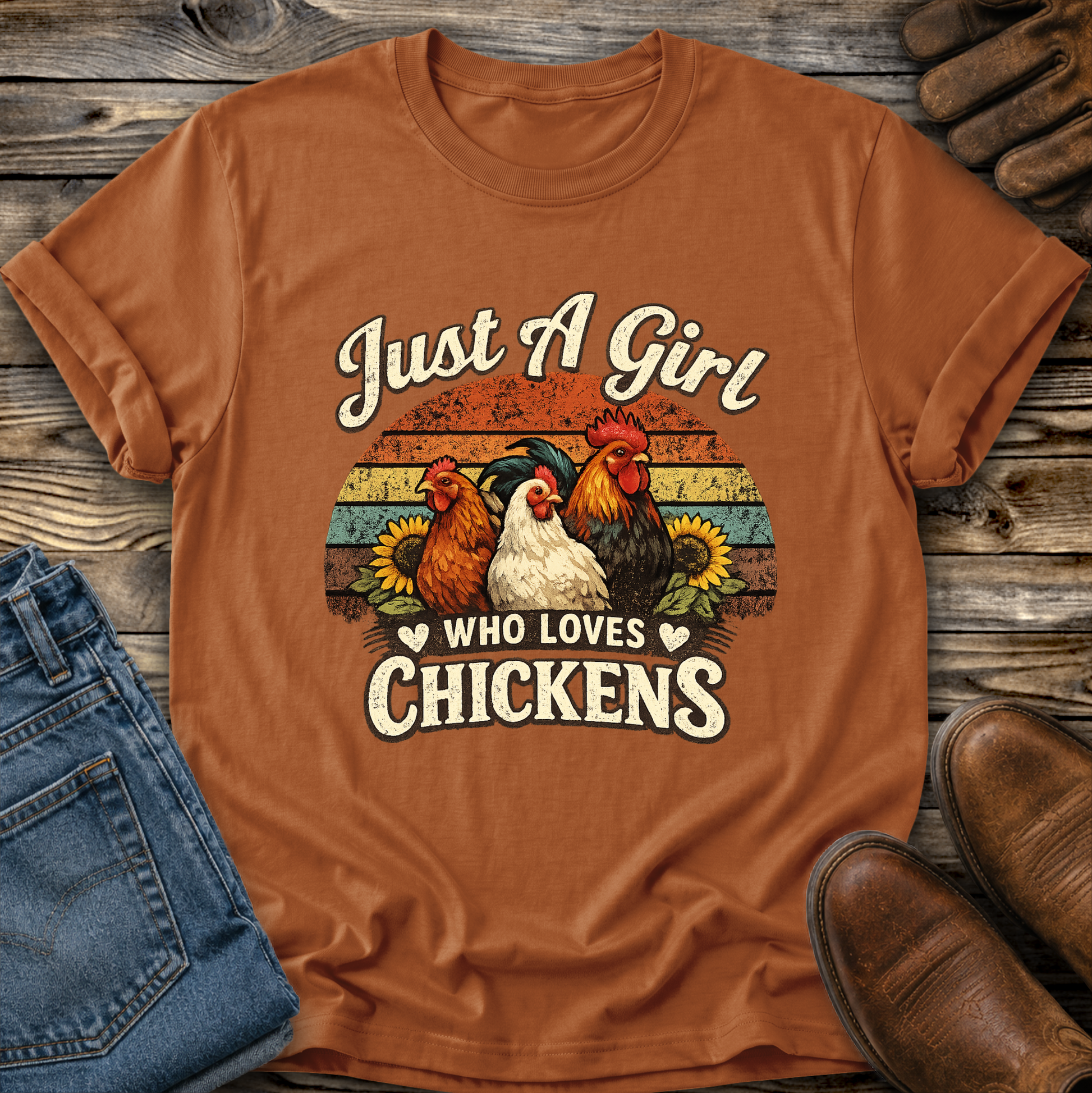 orange tshirt with a retro sunset and chickens with sunflowers that says just a girl who loves chickens