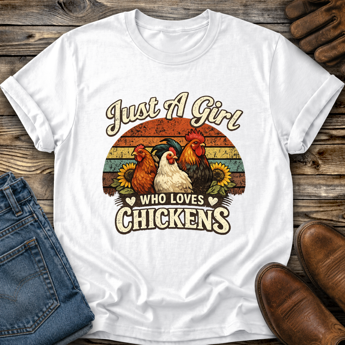 white tshirt with a retro sunset and chickens with sunflowers that says just a girl who loves chickens