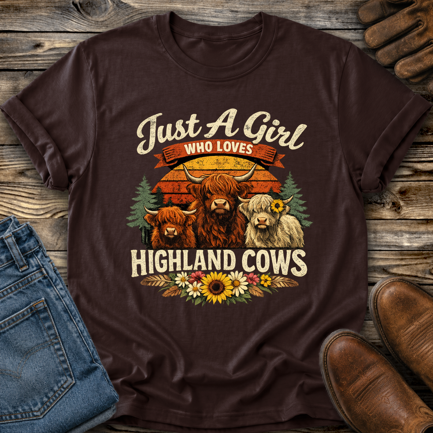brown tshirt with highland cows and flowers graphic that says just a girl who loves highland cows
