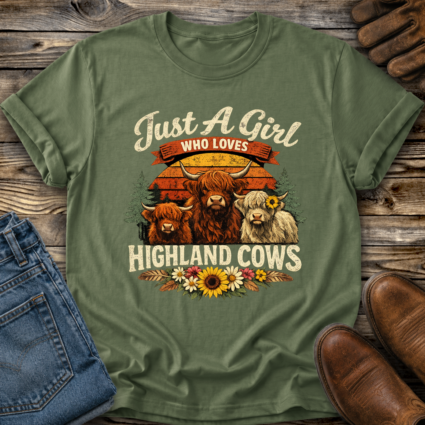 green tshirt with highland cows and flowers graphic that says just a girl who loves highland cows