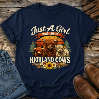 navy tshirt with highland cows and flowers graphic that says just a girl who loves highland cows