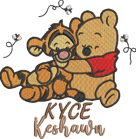 Custom embroidered design featuring Winnie the Pooh hugging Tigger, with the name 'KYCE Keshawn' stitched below in brown cursive and block lettering, on a white background.
