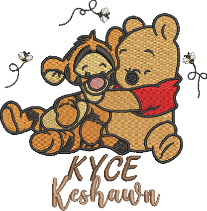 Custom embroidered design featuring Winnie the Pooh hugging Tigger, with the name 'KYCE Keshawn' stitched below in brown cursive and block lettering, on a white background.