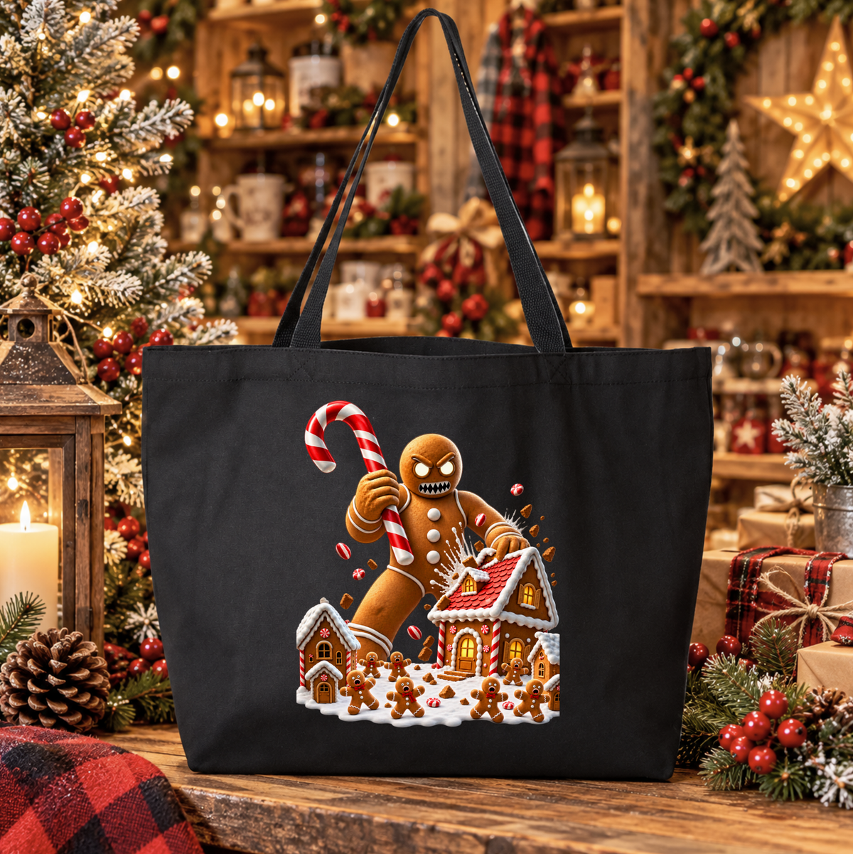 black tote bag with a graphic design of an evil gingerbread man that is attacking a gingerbread town and other gingerbread people are screaming and running away and he's holding a giant candy cane