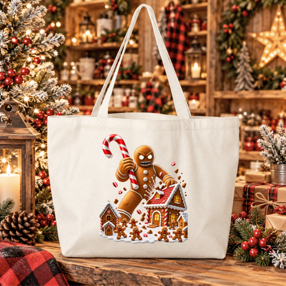 a beige tote bag with a graphic design of an evil gingerbread man that is attacking a gingerbread town and other gingerbread people are screaming and running away and he's holding a giant candy cane