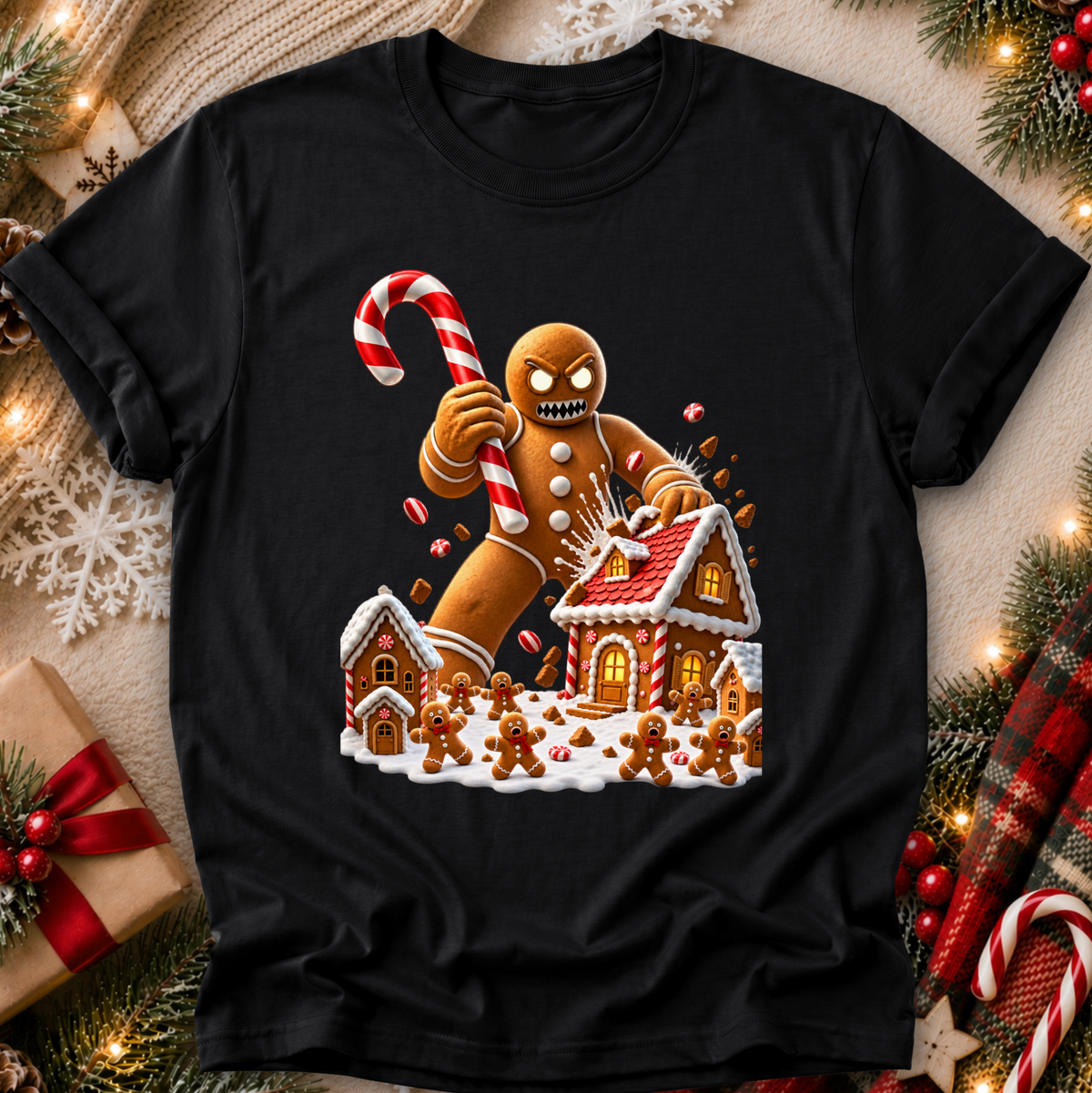 a black tshirt with a graphic design of an evil gingerbread man that is attacking a gingerbread town and other gingerbread people are screaming and running away and he's holding a giant candy cane