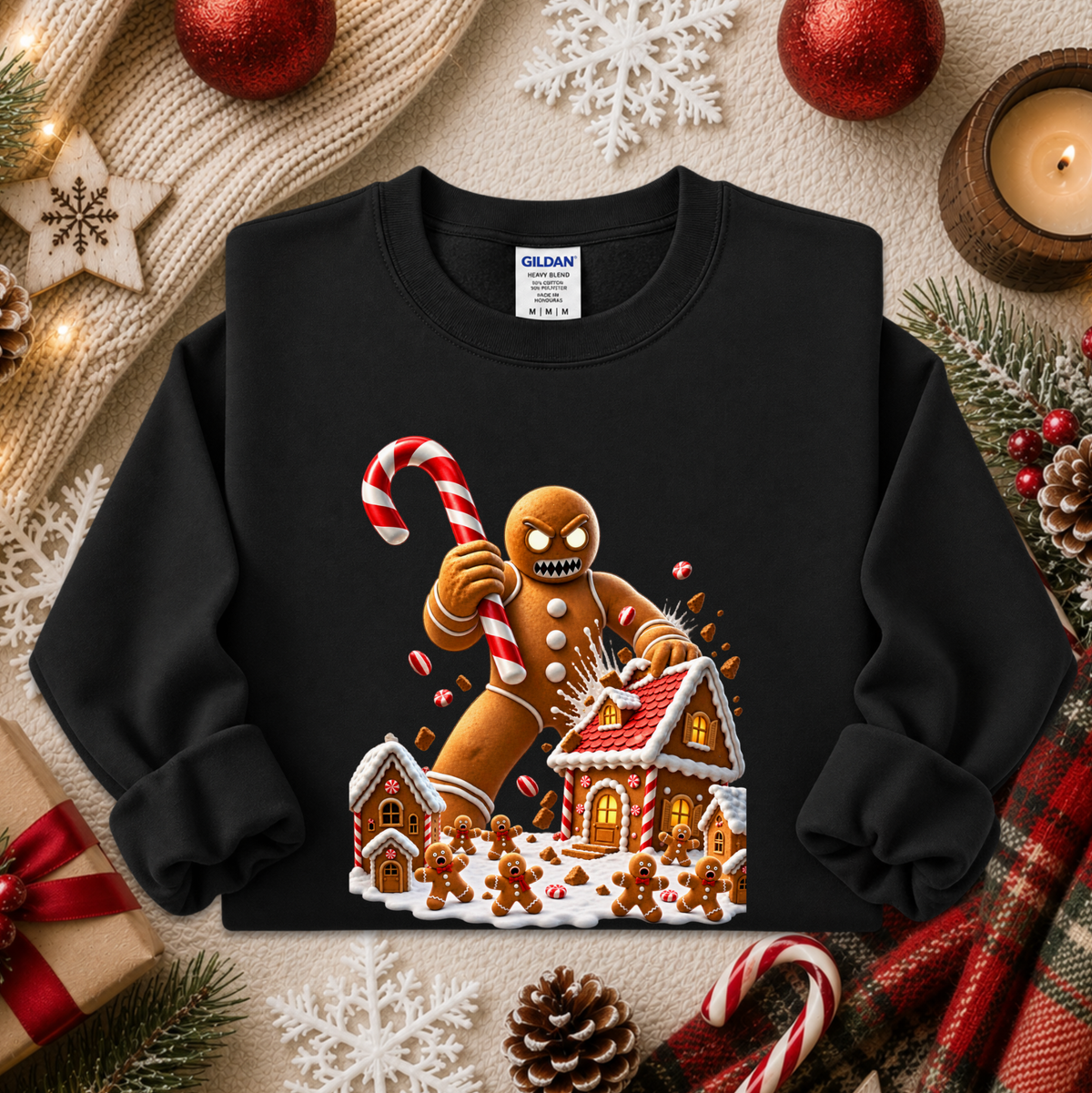 a black sweatshirt with a graphic design of an evil gingerbread man that is attacking a gingerbread town and other gingerbread people are screaming and running away and he's holding a giant candy cane