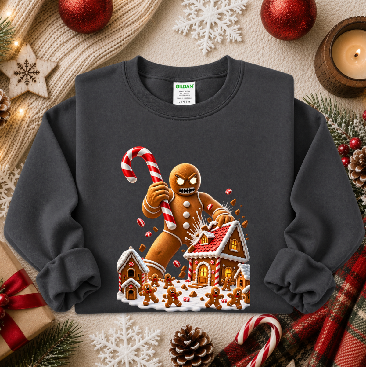 a dark gray sweatshirt with a graphic design of an evil gingerbread man that is attacking a gingerbread town and other gingerbread people are screaming and running away and he's holding a giant candy cane