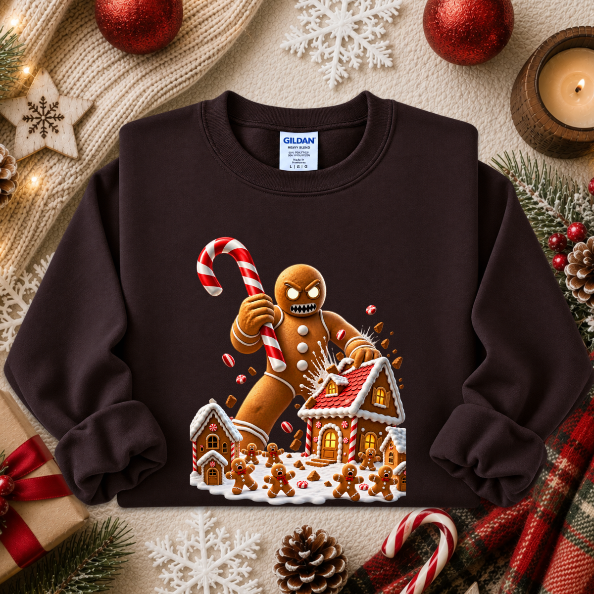 a dark brown sweatshirt with a graphic design of an evil gingerbread man that is attacking a gingerbread town and other gingerbread people are screaming and running away and he's holding a giant candy cane