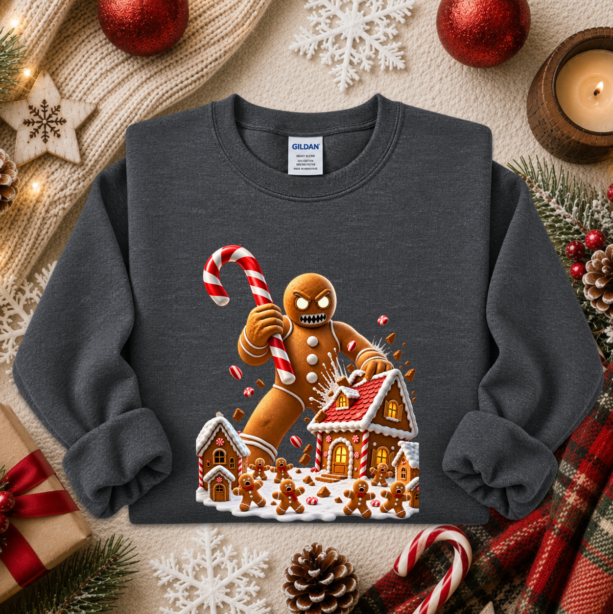 A dark gray crewneck sweatshirt featuring a festive Christmas gingerbread graphic, laid flat on a cozy holiday-themed background with a candle, pinecones, and red ornaments.
