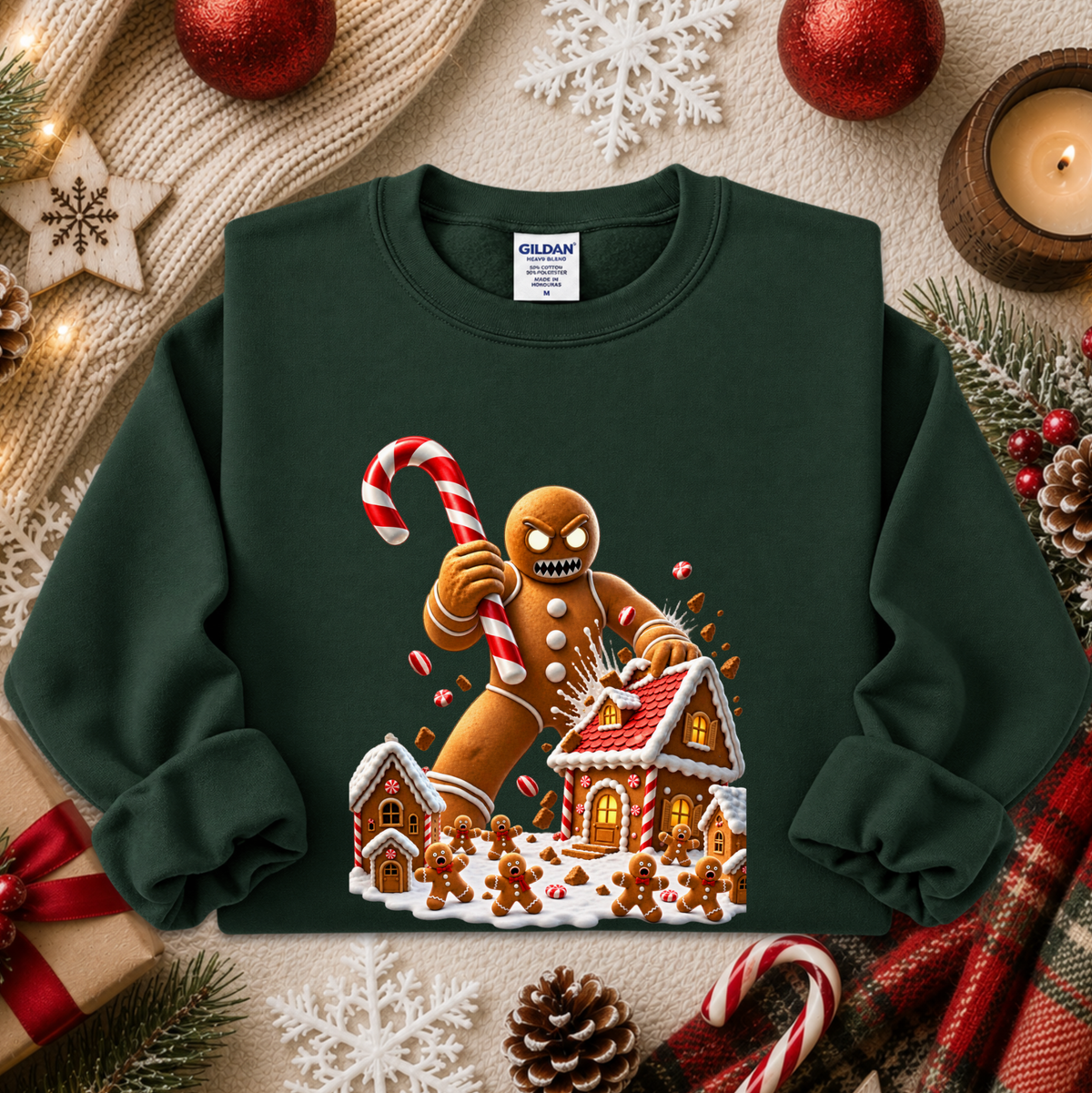 a green sweatshirt with a graphic design of an evil gingerbread man that is attacking a gingerbread town and other gingerbread people are screaming and running away and he's holding a giant candy cane
