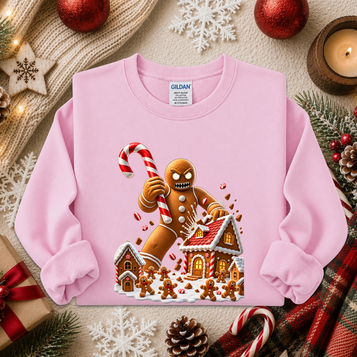 a light pink sweatshirt with a graphic design of an evil gingerbread man that is attacking a gingerbread town and other gingerbread people are screaming and running away and he's holding a giant candy cane