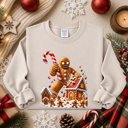 a beige sweatshirt with a graphic design of an evil gingerbread man that is attacking a gingerbread town and other gingerbread people are screaming and running away and he's holding a giant candy cane