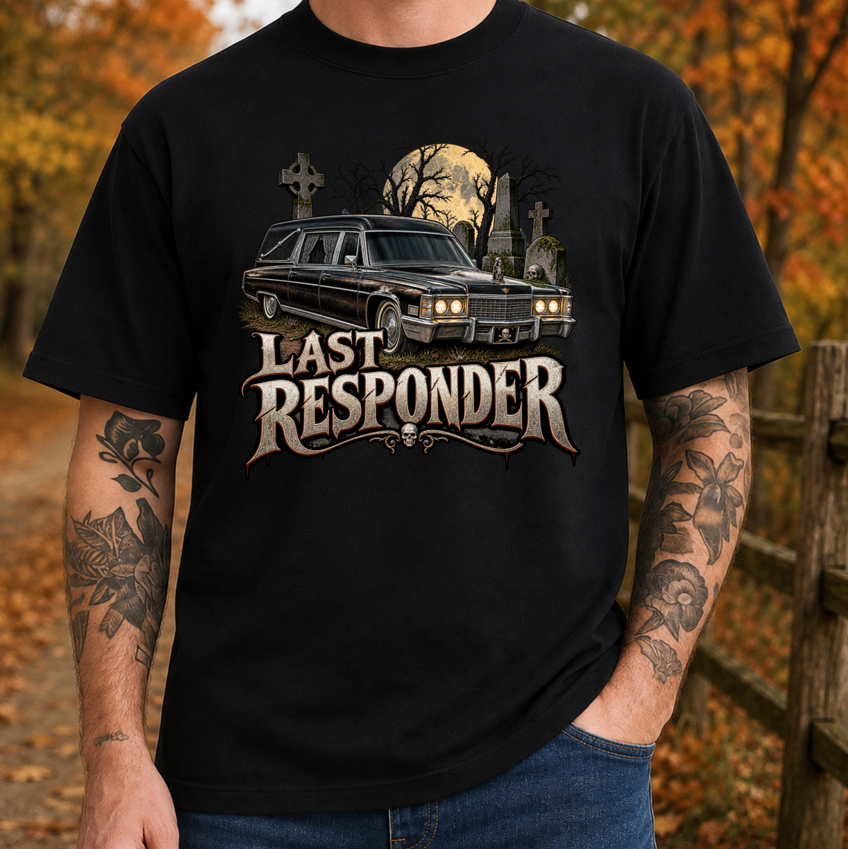 black tshirt with a graphic design of a cemetery and hearse and it says Last Responder