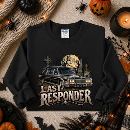 black sweatshirt with a graphic design of a cemetery and hearse and it says Last Responder