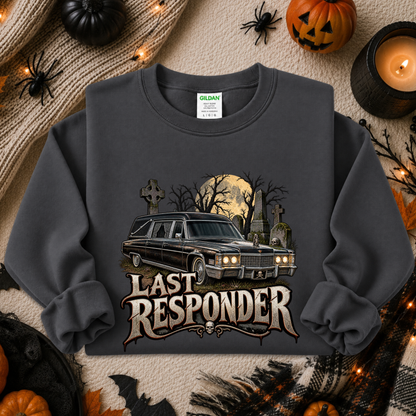 gray sweatshirt with a graphic design of a cemetery and hearse and it says Last Responder