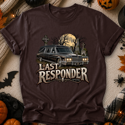 brown tshirt with a graphic design of a cemetery and hearse and it says Last Responder