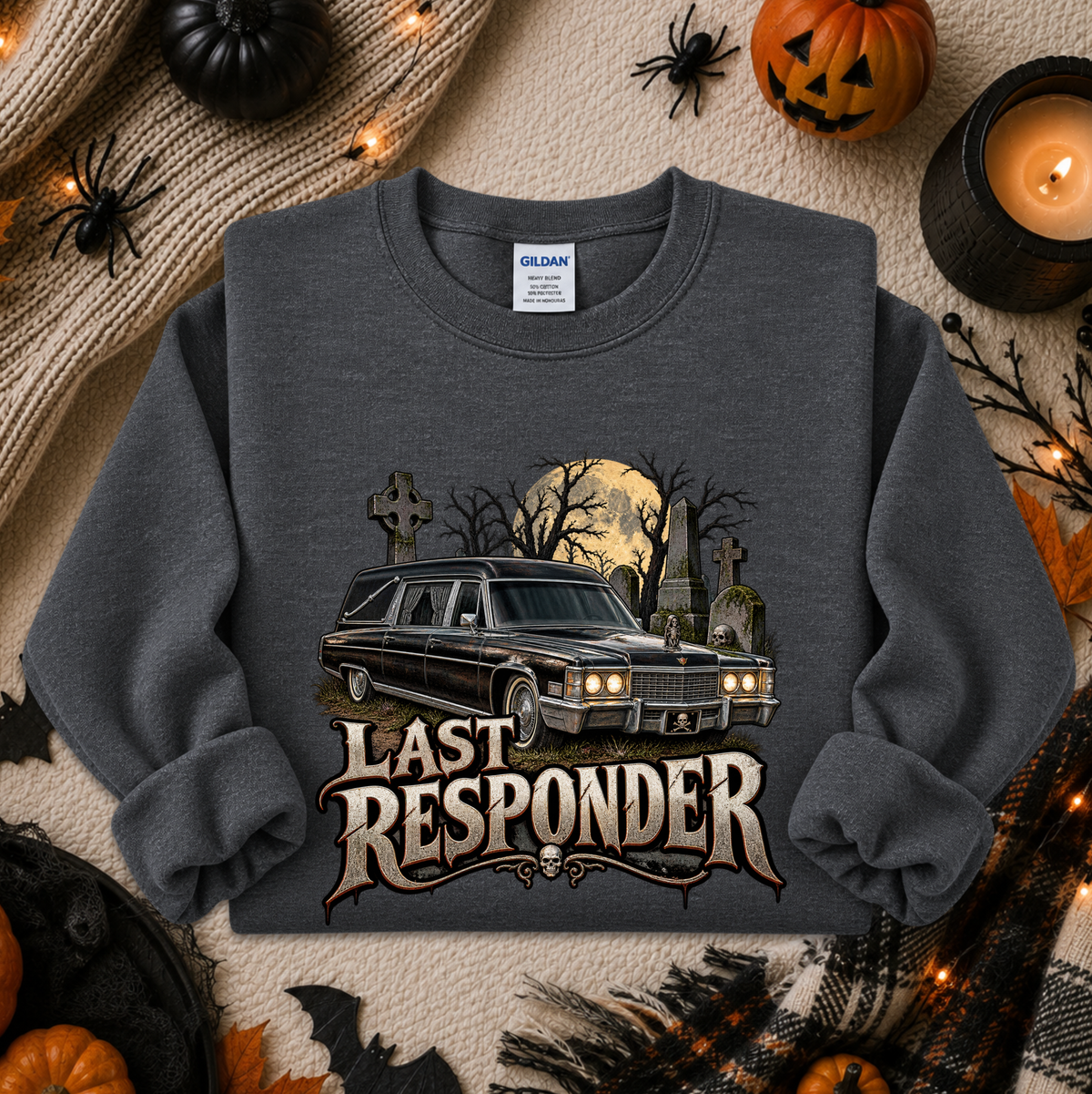 gray sweatshirt with a graphic design of a cemetery and hearse and it says Last Responder
