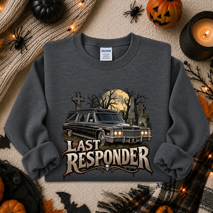gray sweatshirt with a graphic design of a cemetery and hearse and it says Last Responder