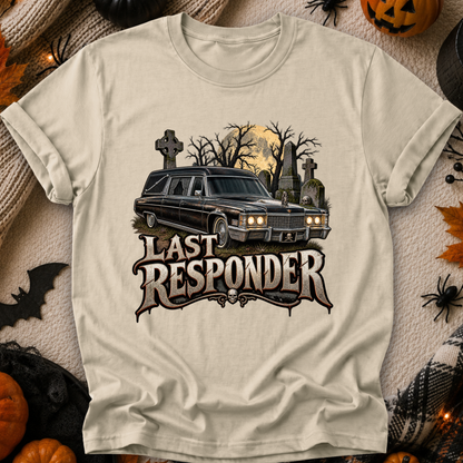 beige tshirt with a graphic design of a cemetery and hearse and it says Last Responder