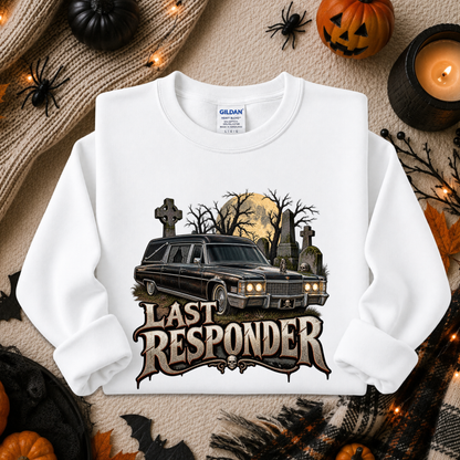 white sweatshirt with a graphic design of a cemetery and hearse and it says Last Responder