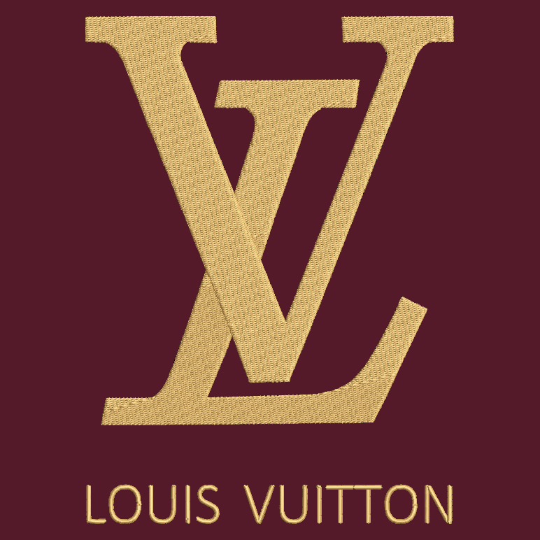 Louis Vuitton logo with gold lettering on a dark red background