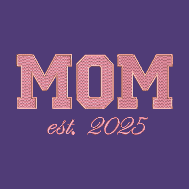 A purple square graphic with the word “MOM” in large pink block letters outlined in a warm gold tone, and “est. 2025” in smaller pink script below.